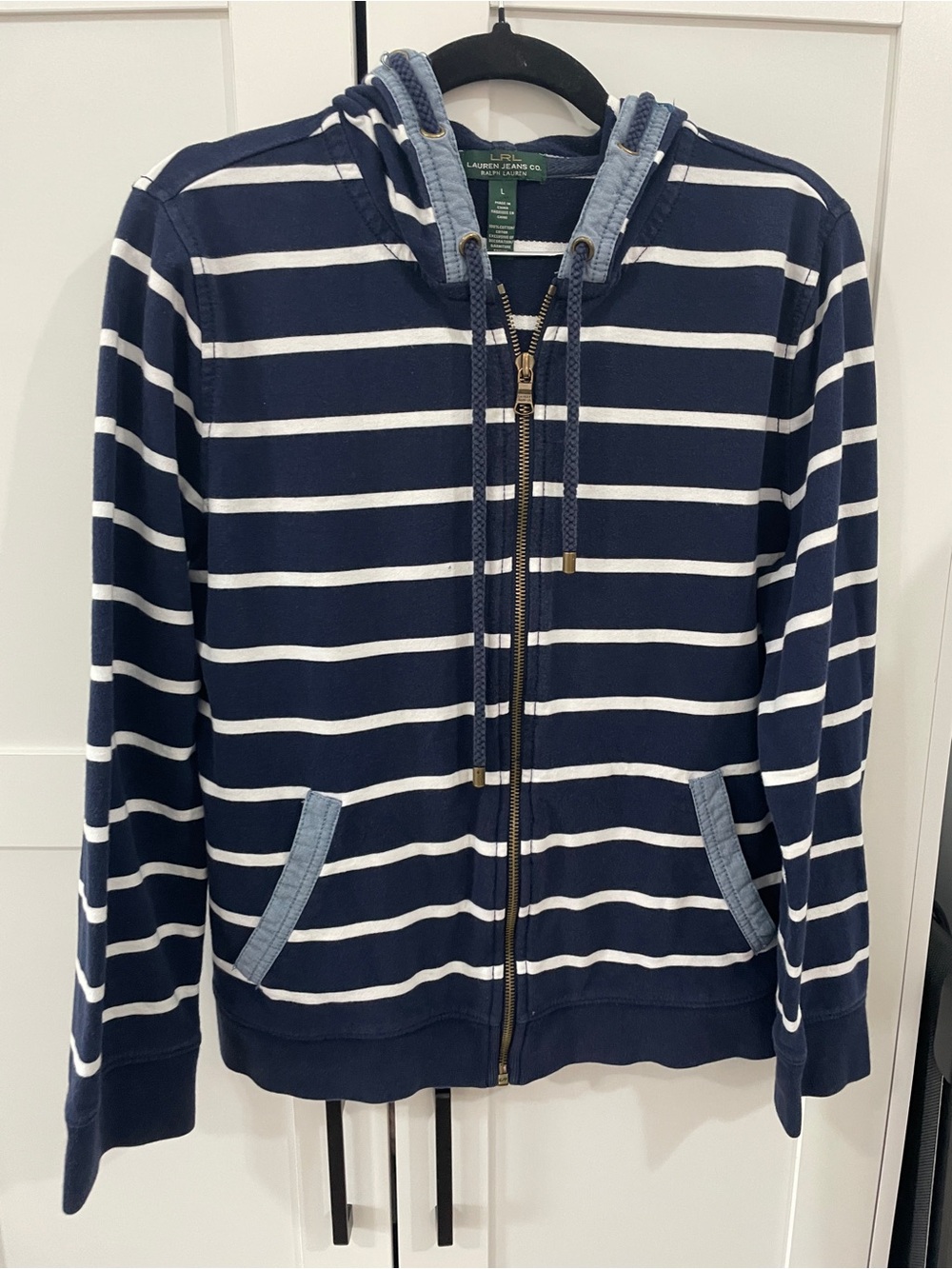 Lauren Ralph Lauren Navy & White Striped Zip-Up Hoodie Nautical  100% Cotton L